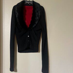 Never Worn Tina Hagen Black, Lined Cardigan with a Faux Fur Collar - Size Small